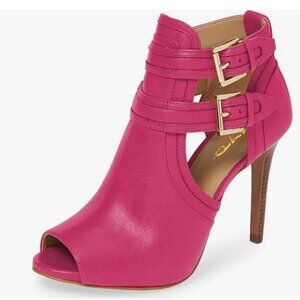 XYD Fuchsia Peep Toe Ankle Bootie High Heels Buckled Double Straps Cutout Shoes